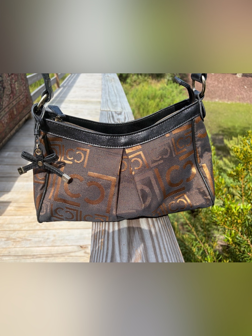Liz Claiborne Brown and Black Monogram Shoulder Bag with Bag Charm